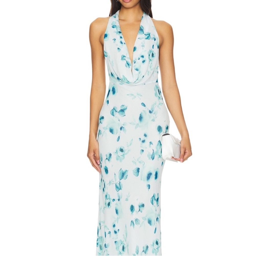Blue Sleeveless Halter Gown for Wedding Guests